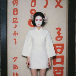 Generate an image of a woman behind placard number #1, heavily adorned with makeup, wearing a white minidress. She seems professional, standing alone in Kabuki-cho in late December. A sight that would have been inconceivable a few years ago.