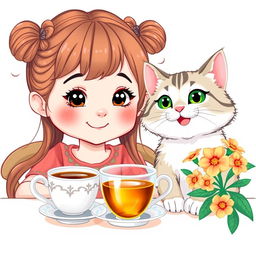 A cute girl with an endearing expression is sitting at a table next to a cheerful cat