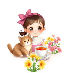 A cute girl with an endearing expression is sitting at a table next to a cheerful cat