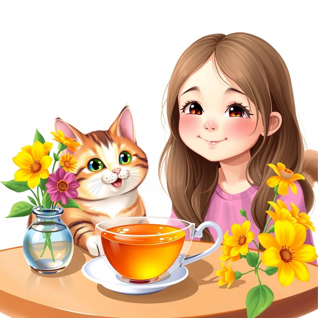 A cute girl with an endearing expression is sitting at a table next to a cheerful cat