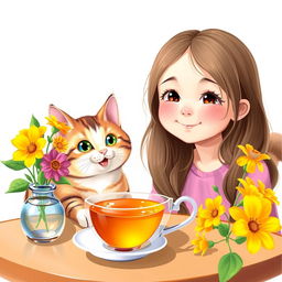 A cute girl with an endearing expression is sitting at a table next to a cheerful cat