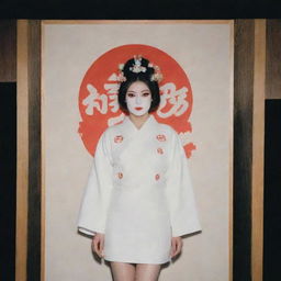 Generate an image of a woman behind placard number #1, heavily adorned with makeup, wearing a white minidress. She seems professional, standing alone in Kabuki-cho in late December. A sight that would have been inconceivable a few years ago.