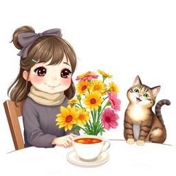 A cute girl with an endearing expression is sitting at a table next to a cheerful cat