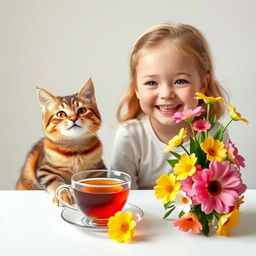 A cute girl with a joyful expression sitting at a table beside a cheerful cat