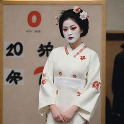 Generate an image of a woman behind placard number #1, heavily adorned with makeup, wearing a white minidress. She seems professional, standing alone in Kabuki-cho in late December. A sight that would have been inconceivable a few years ago.