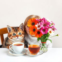 A cute girl with a joyful expression sitting at a table beside a cheerful cat