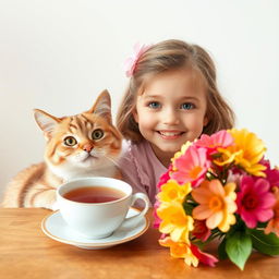 A cute girl with a joyful expression sitting at a table beside a cheerful cat