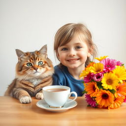 A cute girl with a joyful expression sitting at a table beside a cheerful cat