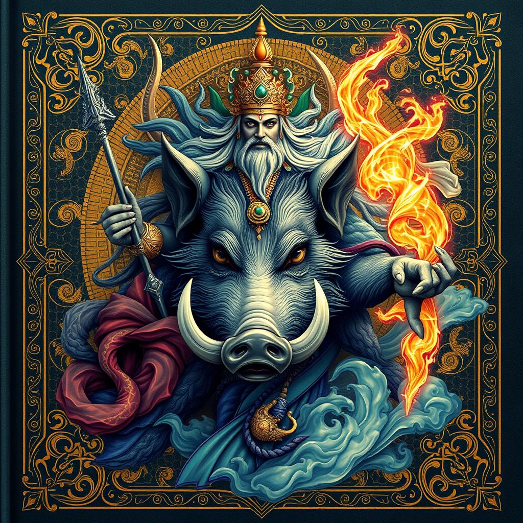 Create a captivating cover design for the manuscript depicting the god Wisnu as the incarnation of a wild boar