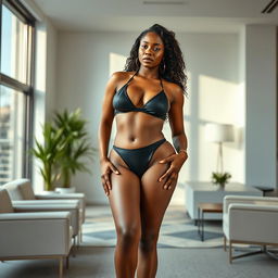 An African girl with a confident and poised stance, showcasing her beautiful, curvy figure in a stylish, black bikini