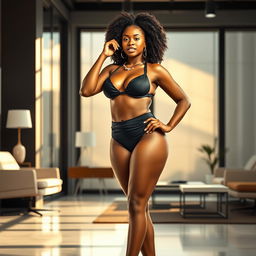 An African girl with a confident and poised stance, showcasing her beautiful, curvy figure in a stylish, black bikini