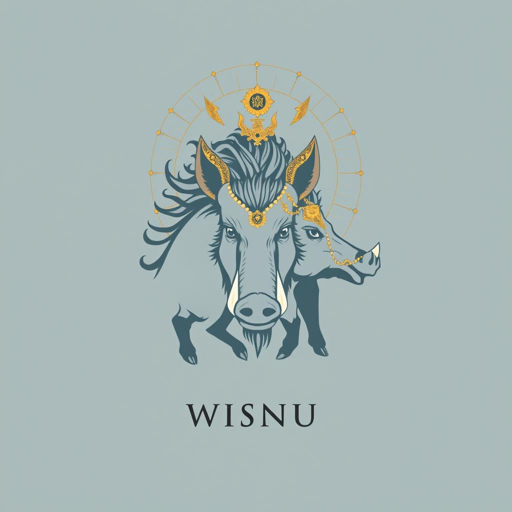 Create a simple yet captivating cover design for the manuscript about the god Wisnu who incarnated as a wild boar
