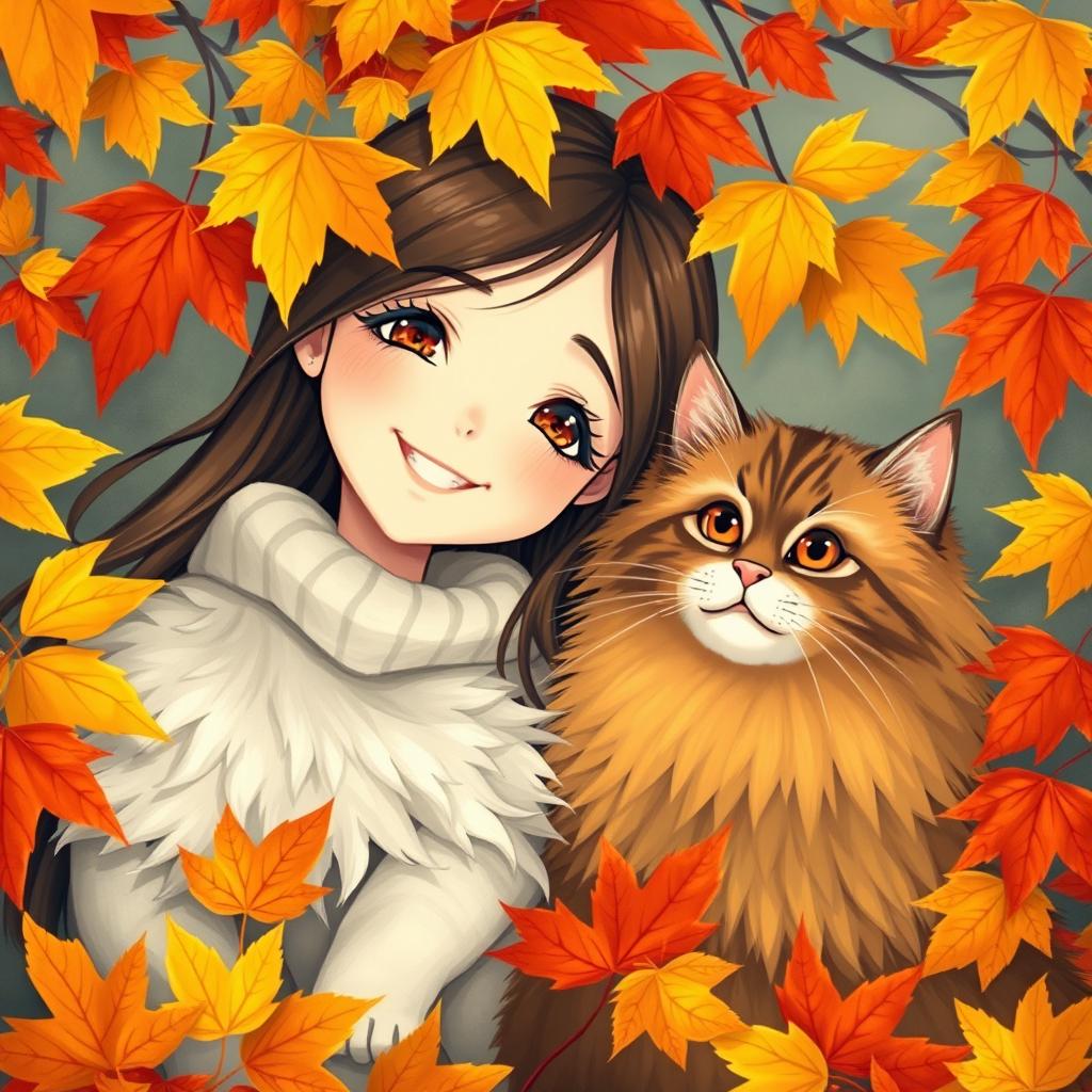 A beautiful and cheerful girl with a radiant smile and long hair, accompanied by a magnificent fluffy cat