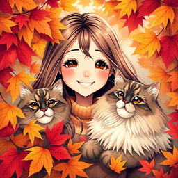 A beautiful and cheerful girl with a radiant smile and long hair, accompanied by a magnificent fluffy cat