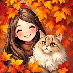 A beautiful and cheerful girl with a radiant smile and long hair, accompanied by a magnificent fluffy cat