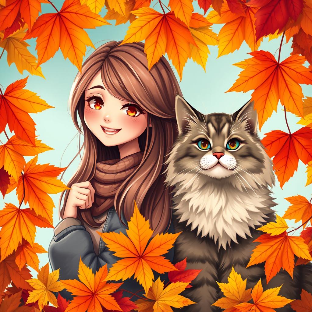 A beautiful and cheerful girl with a radiant smile and long hair, accompanied by a magnificent fluffy cat