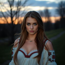 Slavic woman, 26 years old, wearing elegant attire, with traditional Slavic features, long hair, fair skin, and striking eyes, standing in a picturesque outdoor setting during twilight