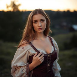 Slavic woman, 26 years old, wearing elegant attire, with traditional Slavic features, long hair, fair skin, and striking eyes, standing in a picturesque outdoor setting during twilight