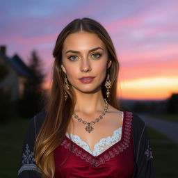 Slavic woman, 26 years old, wearing elegant attire, with traditional Slavic features, long hair, fair skin, and striking eyes, standing in a picturesque outdoor setting during twilight