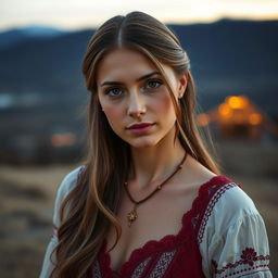 Slavic woman, 26 years old, wearing elegant attire, with traditional Slavic features, long hair, fair skin, and striking eyes, standing in a picturesque outdoor setting during twilight