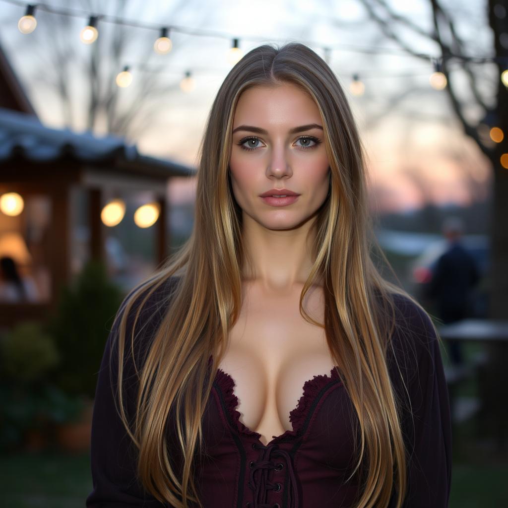 Slavic woman, 26 years old, in modest attire with no décolleté, displaying traditional Slavic features, long hair, fair skin, and striking eyes, set in a charming outdoor environment with soft twilight ambiance