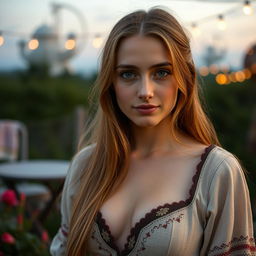 Slavic woman, 26 years old, in modest attire with no décolleté, displaying traditional Slavic features, long hair, fair skin, and striking eyes, set in a charming outdoor environment with soft twilight ambiance