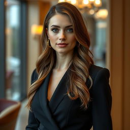 A Slavic-looking woman with features typical of Eastern Europe, 28 years old, wearing elegant and stylish clothing suitable for a sophisticated setting