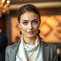 A Slavic-looking woman with features typical of Eastern Europe, 28 years old, wearing elegant and stylish clothing suitable for a sophisticated setting