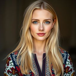 A 36-year-old woman with Slavic features, dressed in stylish attire