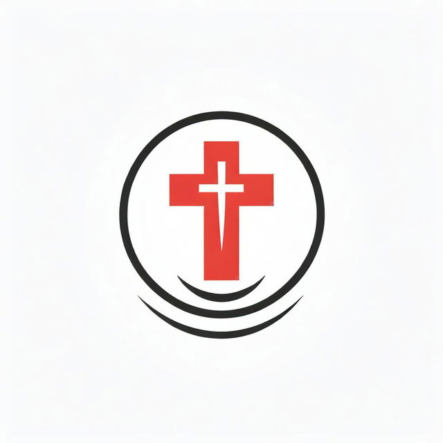 Design a logo featuring a bright red cross, intertwined with elements symbolising a journey, underlain by divine or spiritual motifs.