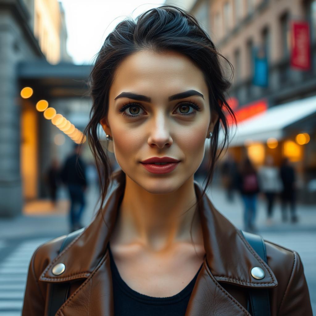 A 38-year-old woman with Slavic features and dark hair, wearing stylish clothing, radiating confidence and charm