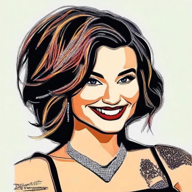 Draw a portrait of Demi Lovato in her trademark style with extravagant accessories and a confident smile