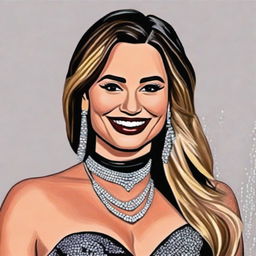 Draw a portrait of Demi Lovato in her trademark style with extravagant accessories and a confident smile