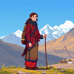 A pixel art depiction of Alexandra David-Néel exploring the Tibetan landscape