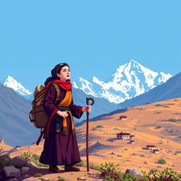 A pixel art depiction of Alexandra David-Néel exploring the Tibetan landscape