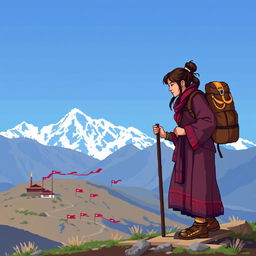 A pixel art depiction of Alexandra David-Néel exploring the Tibetan landscape