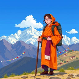 A pixel art depiction of Alexandra David-Néel exploring the Tibetan landscape