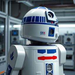 A futuristic robot inspired by the design of a GEA Westfalia Separator, combined with the iconic appearance of R2-D2 from "Star Wars