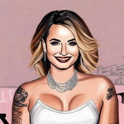 Draw a portrait of Demi Lovato in her trademark style with extravagant accessories and a confident smile