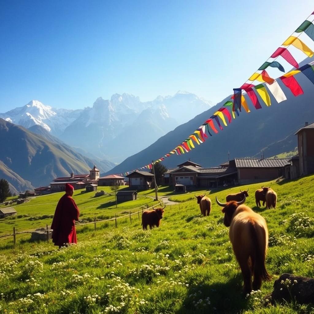 Scenic view of the Tibetan landscape featuring the majestic Himalayan mountains in the background