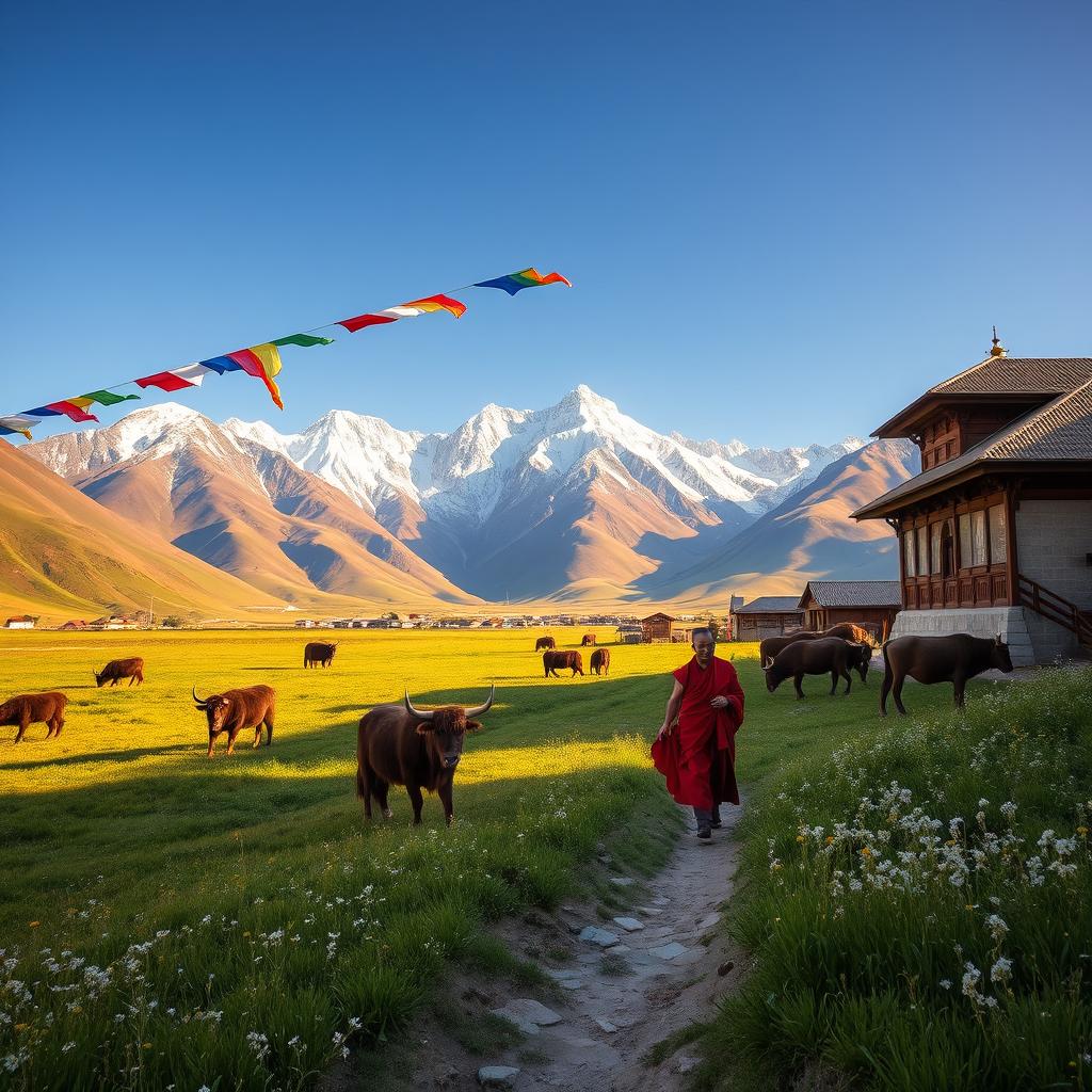 Scenic view of the Tibetan landscape featuring the majestic Himalayan mountains in the background