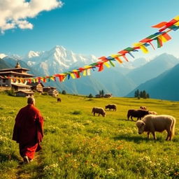 Scenic view of the Tibetan landscape featuring the majestic Himalayan mountains in the background