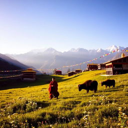 Scenic view of the Tibetan landscape featuring the majestic Himalayan mountains in the background