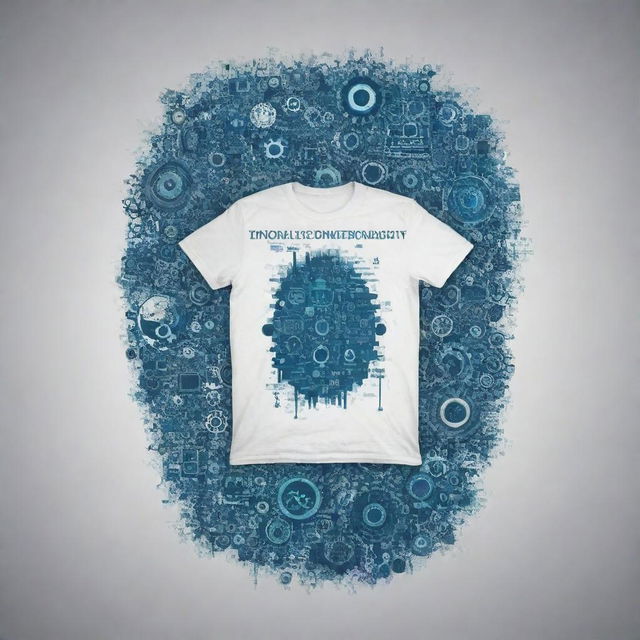 Create multiple designs for an information technology themed t-shirt. Include elements like binary code, gears, a stylish representation of a computer, and the words 'Information Technology'. Design must be eye-catching and modern.