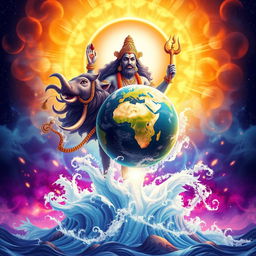 Compose a powerful and enchanting cover illustration featuring Lord Vishnu in his boar form, Waraha Awatara, heroically lifting the Earth from the cosmic ocean