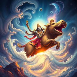 Compose a powerful and enchanting cover illustration featuring Lord Vishnu in his boar form, Waraha Awatara, heroically lifting the Earth from the cosmic ocean