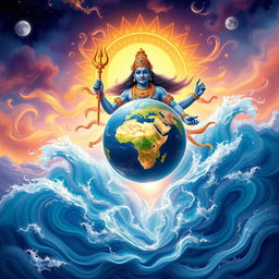 Compose a powerful and enchanting cover illustration featuring Lord Vishnu in his boar form, Waraha Awatara, heroically lifting the Earth from the cosmic ocean