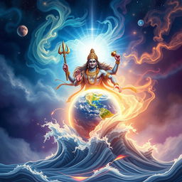 Compose a powerful and enchanting cover illustration featuring Lord Vishnu in his boar form, Waraha Awatara, heroically lifting the Earth from the cosmic ocean