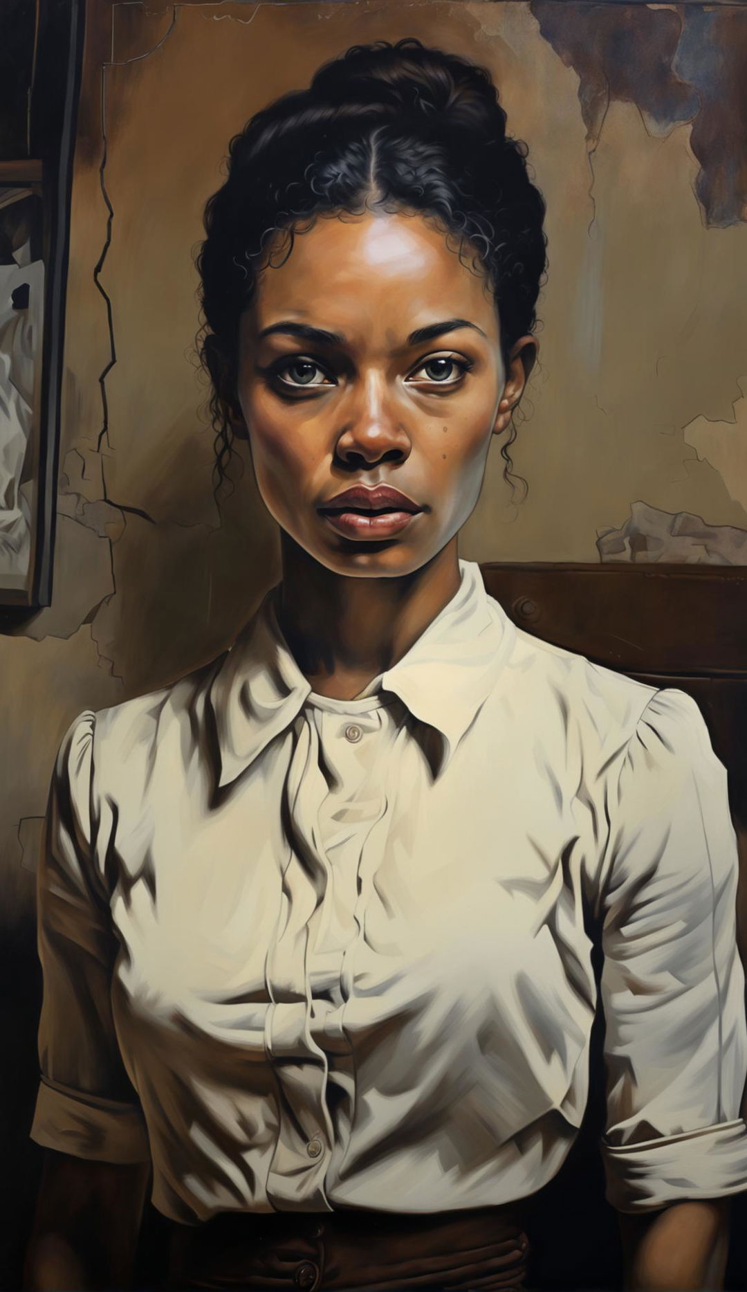 A realistic portrait of Demi, a white South African woman during apartheid, showing her resilience and defiance against the backdrop of her humble home.