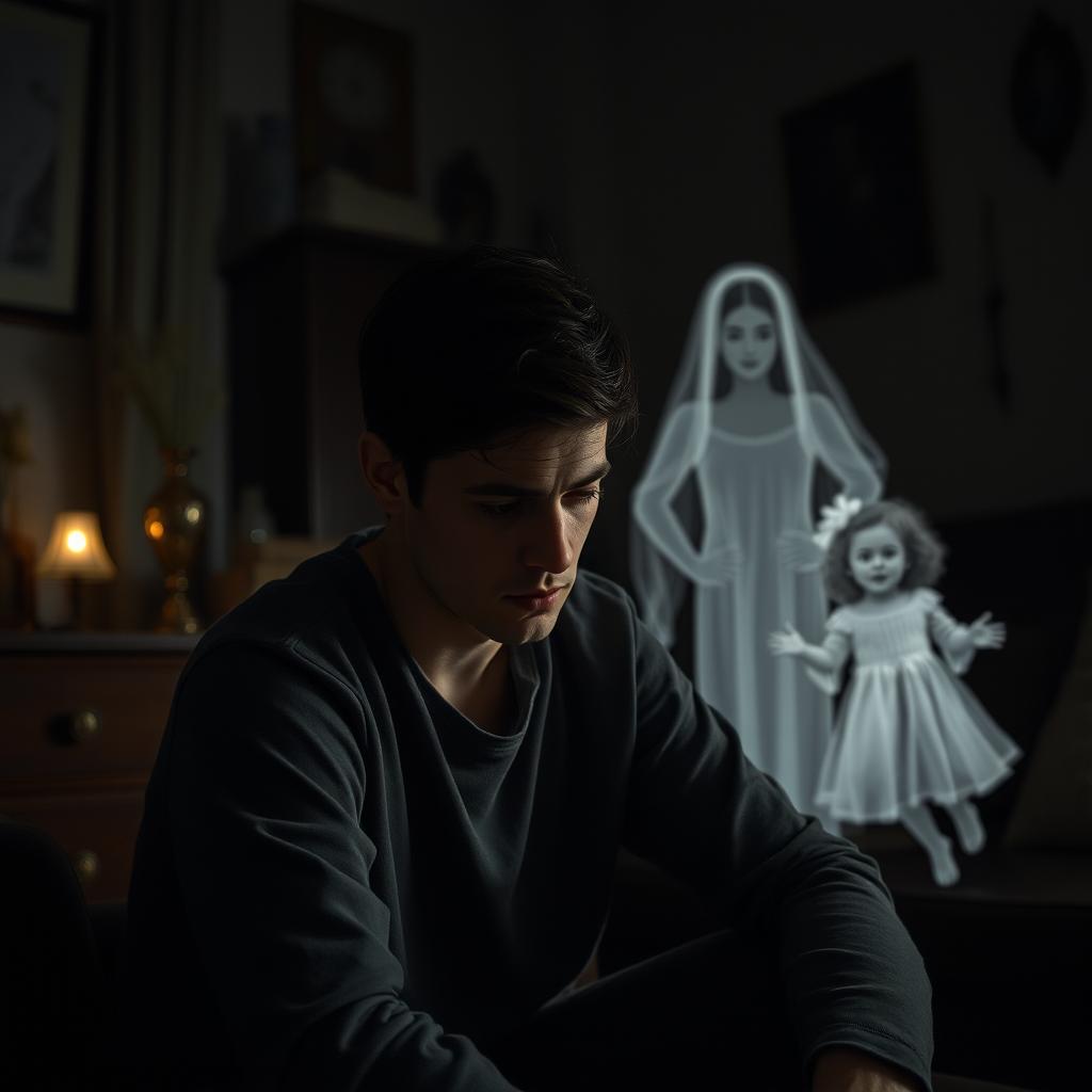 A young husband sits in a dimly lit room, his expression a blend of struggle and contemplation, symbolizing depression and anxiety